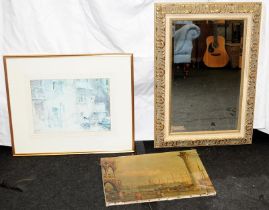 Gilt framed mirror with bevelled glass 90x60cm, W Russell Flint print 70x60cm, and a Venice