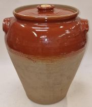 Large 19th century stoneware olive storage jar with lid 45cm tall.