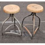 Pair of metal adjustable height seating bar stools with pine seats 70x35x35cm