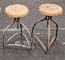 Pair of metal adjustable height seating bar stools with pine seats 70x35x35cm