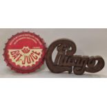 "Bat Juice" large contemporary bottle cap together with a large wooden "Chicago" sign (2).