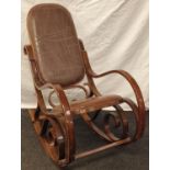 Stained bentwood high back rocking chair with leather seating and back supports 110x55x80cm
