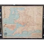Large framed and glazed vintage Great Western Railway GWR map 132x107cm.