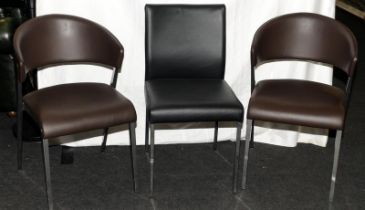Pair of tub back chairs in chrome and dark brown PU leather by Hulsta, c/w another chair by Hulsta