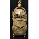 George VI commemorative brass 8 day lantern clock with crown shaped bell strap. 31cms tall, No key