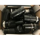 Collection of vintage camera lenses to include Yashica and Minolta. 15 in lot