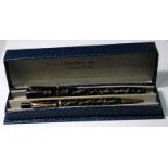 Boxed Blackbird BT200/82 fountain pen and Fine Poynt propelling pencil. Blue/black/gold body. Rare