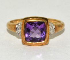 9ct Rose Gold Ladies Square Shaped Amethyst & Diamond Ring. Size N