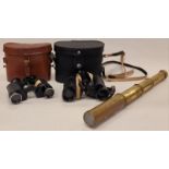 Two pairs of vintage cased binoculars together with a brass three drawer vintage telescope.