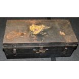 Large vintage Japanned pressed steel travelling trunk 96cms across x 44cms deep x 34cms tall