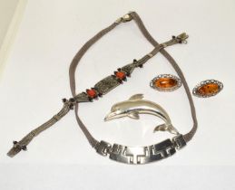 925 silver jewellery to include a Dolphin brooch , amber earrings and coral bracelet