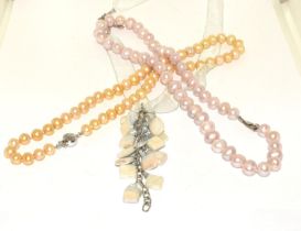 3 Pearl necklaces with silver fittings one ribbon and barrock pearls