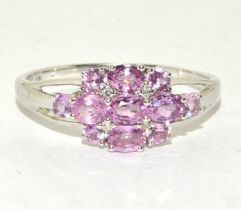 9ct White Gold Ladies Pink Topaz & Diamond Cluster Ring. Size T