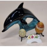 Poole pottery large Dolphin together a small Daulton flower bridge and 2 agate eggs