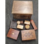 A collection of vintage wooden boxes. Varying sizes.