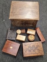 A collection of vintage wooden boxes. Varying sizes.