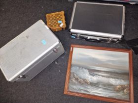 Mixed lot to include two empty flight cases, a framed picture and a miniature wooden chess board