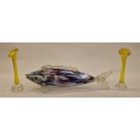 Large contemporary glass fish together with a pair of yellow glass bud vases (3).
