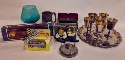 Mixed collectables to include glass vase, silver plate, toy cars and other collectables.