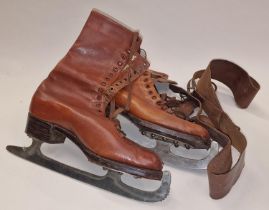 Pair of antique 1920's Berthelot, Paris French brown leather ice skates with original carry case.