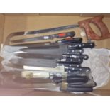 Box of old stock Sabatier catering knives etc: Mexeur saw, 10 x sabatier knives and others.