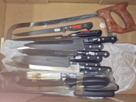 Box of old stock Sabatier catering knives etc: Mexeur saw, 10 x sabatier knives and others.