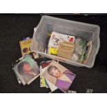 Box of various ephemera and stamps to include music artist's tour programmes and vintage home