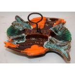 Vintage Vallauris pottery France Majolica fish serving platter with wrought iron handle. 33cms