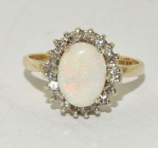 Fire Opal/Diamond Daisy Style Ring 9ct Gold 2.5g Size M+