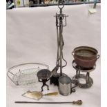 Vintage fireside companion & fireside tools together with a metal bottle/glasses stand and 6 misc