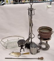 Vintage fireside companion & fireside tools together with a metal bottle/glasses stand and 6 misc