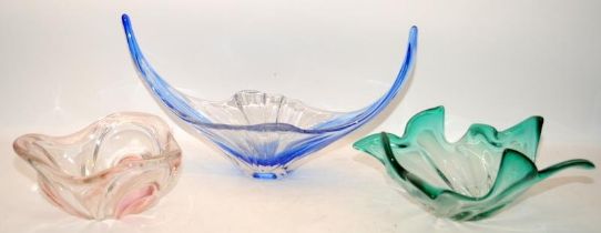Art glass: Three large statement pieces of mid 20thC coloured art glass, the largest being 54cms