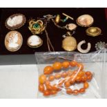 Collection of 19 century brooches together a string of butterscotch amber beads