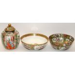 Two Canton famille rose figural bowls, the larger with a Tongzhi mark & a canton jar & cover, H 18cm