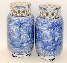 Pair if Foley Ware blue and white decorated vases with pierced collars. 25cms tall