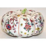 Large antique Oriental Famille Rose pumpkin shaped lidded storage jar decorated with flowers and