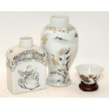 Three 18th century Chinese porcelain items painted in grisaille with gilt detailing, to include a