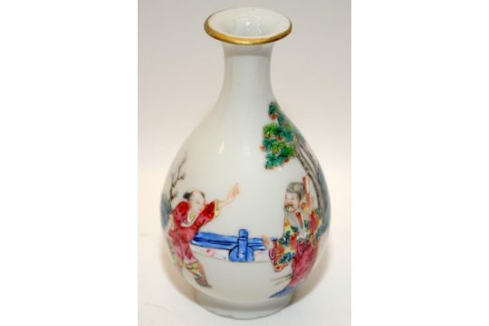 Two Chinese famille rose vases painted & a lidded pot. H11cm.There is a repair to pot lid. - Image 3 of 7