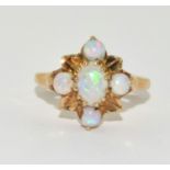 9ct Gold Opal Leafy Starburst Shape Cluster Ring. Size M