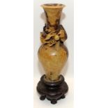 A carved dragon & phoenix oriental soapstone vase on stand H31cm (nibble to top rim)