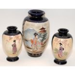 Three Japanese vases painted figures, marked.