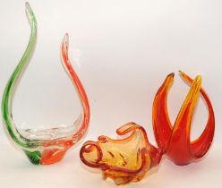 Art glass: Three large mid 20thC pieces of coloured art glass. The largest being 44cms tall.