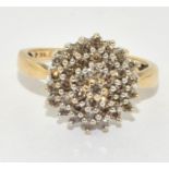 9ct Gold Diamond Large Cluster Ring. Approx 0.5ct. Size P