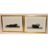 2 x gilt framed Oriental pictures water colours on rice paper depicting Chinese junks 40x30cm