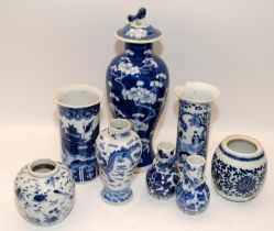 Group of six Chinese 19th century nblue & white porcelain vases and two pots. Tallest H28cm. (faults
