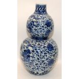 Large Chinese 19th century blue & white double gourd vase painted with bats, birds and insects H44cm