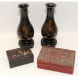 A pair of Chinese lacquer vases, foo chow dragon box and cinnabar scholars lidded box. Vase H21cm (