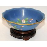 Oriental cloisonne bowl deported with Birds and Lilly's on a light blue background 13cm x26cm