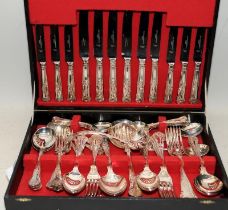 Boxed set of Kings pattern silver plate cutlery for 6 place settings c/w extra serving pieces.