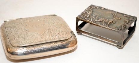 Sterling silver tobacco tin hallmarked for Birmingham 1921, c/w a matchbox holder featuring a stag